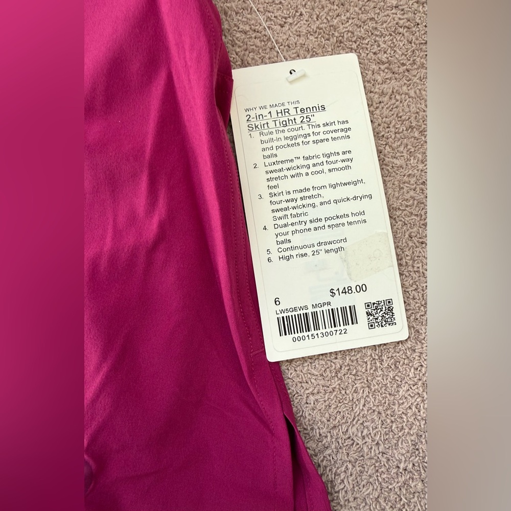 NEW - Lululemon 2-in-1 HR Tennis Skirt Tight 25" - Magenta Purple - Picture 7 of 8